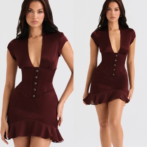 House of CB Dresses House Of Cb Tianna Wine Ruffle Corset Dress
